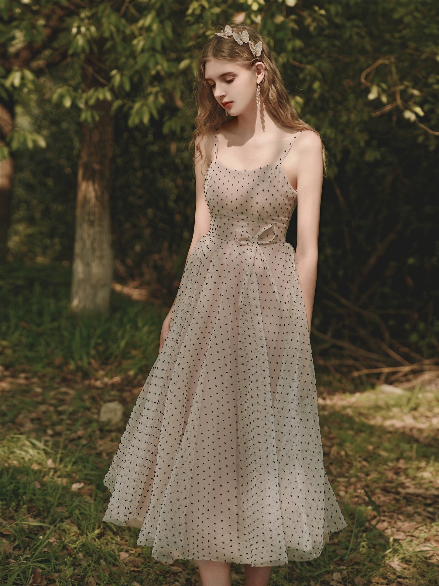 Pink-white polka dot suspender mini dress