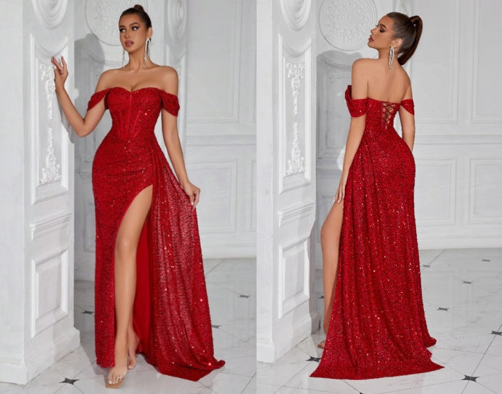 gabrielle Sequined strapless slit evening maxi dress