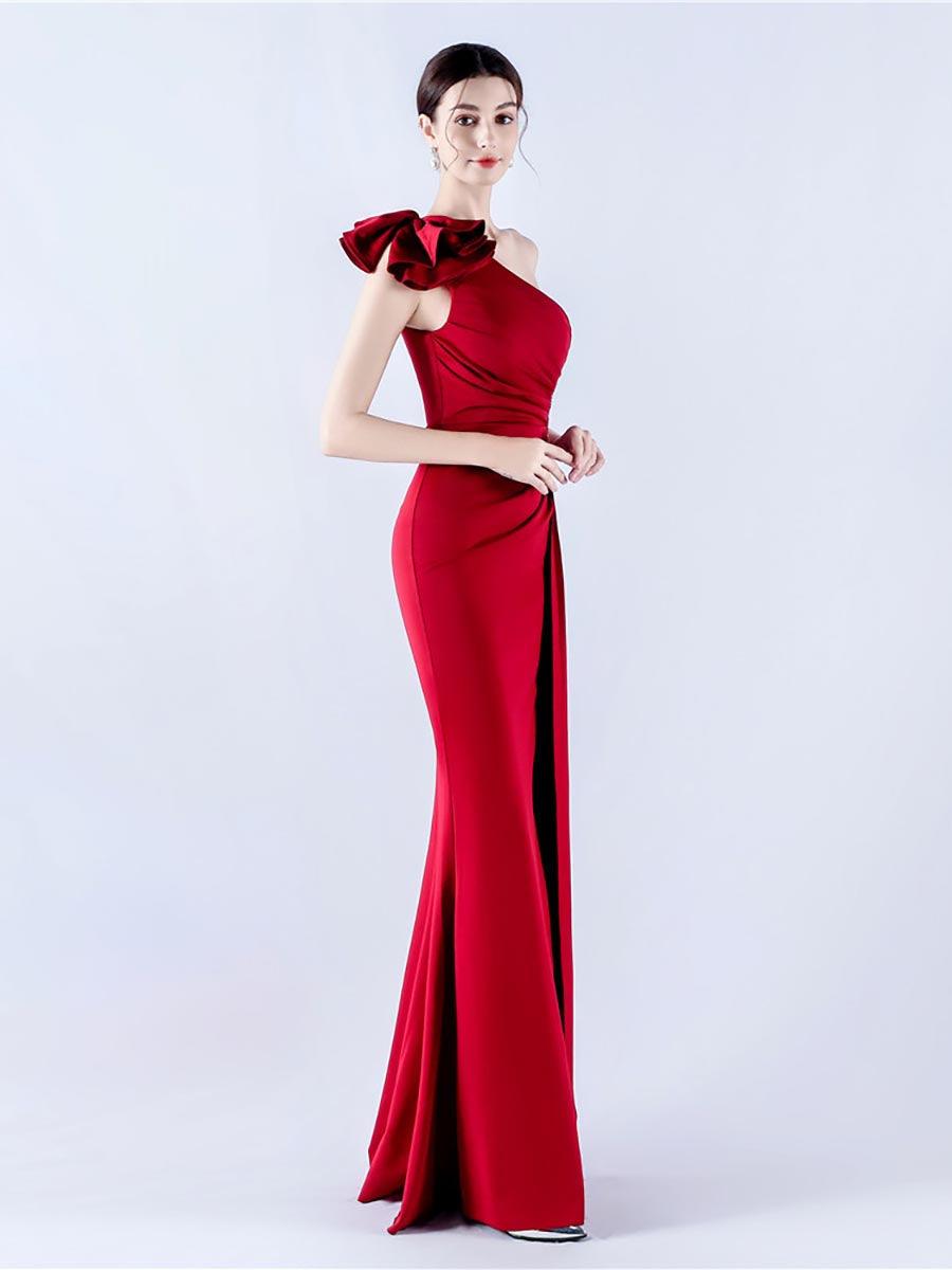 One Shoulder Flower Pleated Draped Prom Dress
