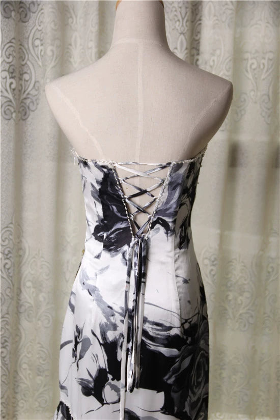 Elegant satin fishtail skirt with ink painting print