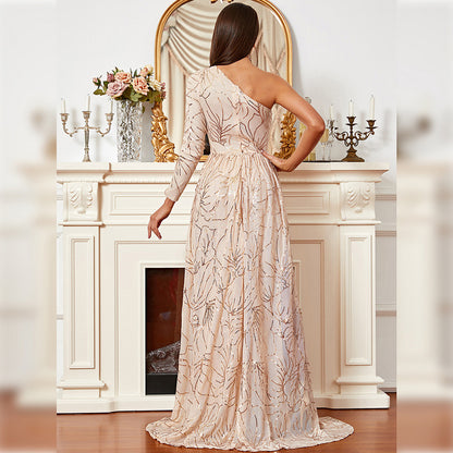 one-shoulder sequin detail high slit maxi dress in apricot