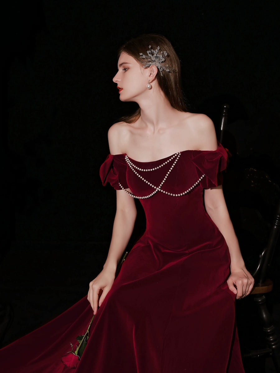 Red pearl embellished velvet maxi dress