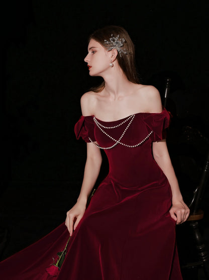 Red pearl embellished velvet maxi dress