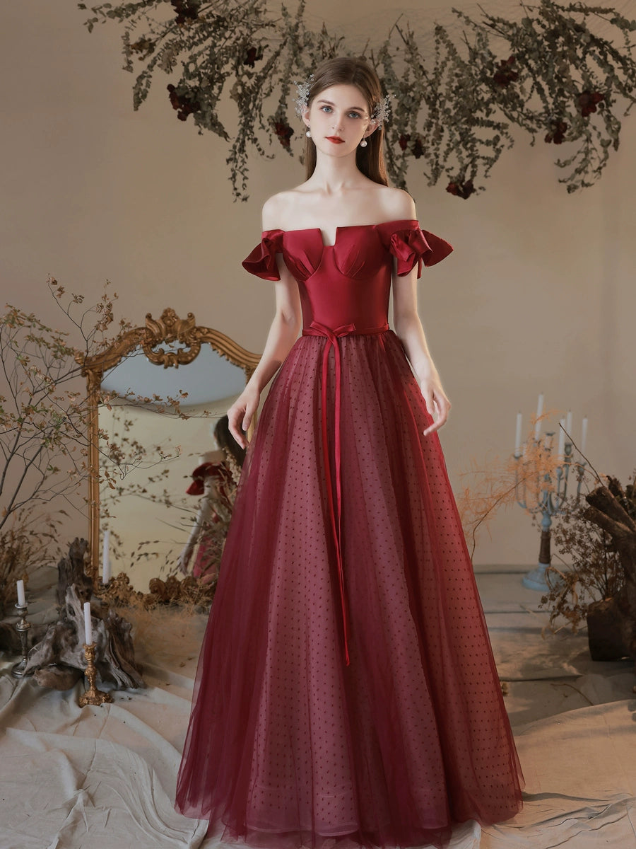 polka dots tulle patchwork satin maxi dress in Claret