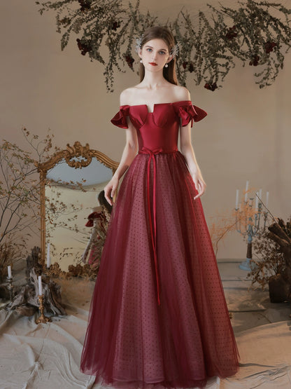 polka dots tulle patchwork satin maxi dress in Claret
