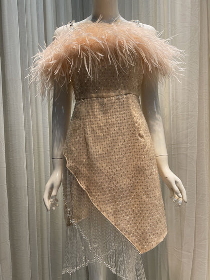 priscilla sequin feather crystal-strap mini dress in pink