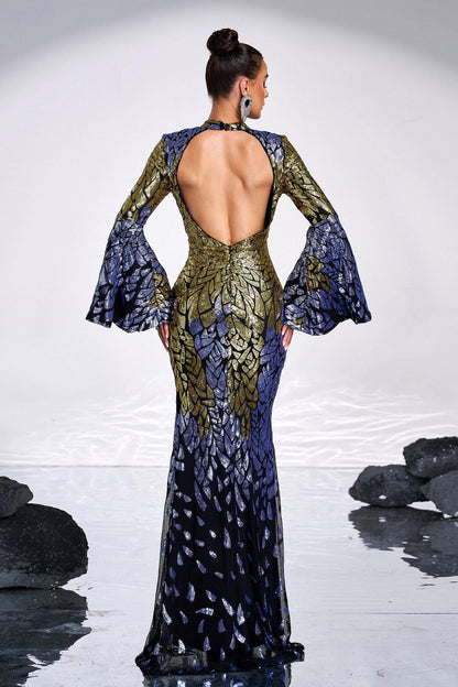 Round neck long sequined mermaid dress