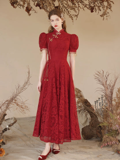 puff sleeve embroidery maxi dress in claret