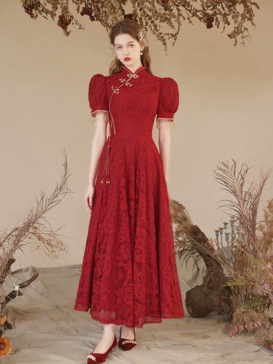 puff sleeve embroidery maxi dress in claret