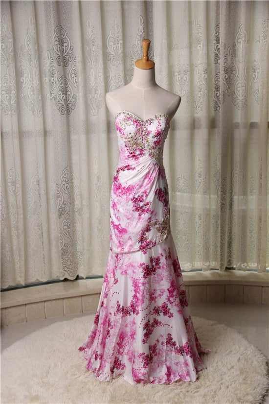 Cherry Blossom Printed Fishtail Strapless Evening Dress with Beading