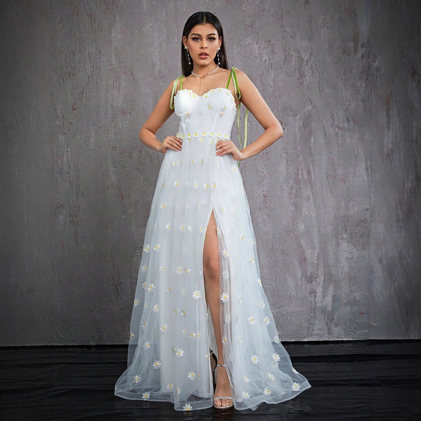 floral embroidery high slit tulle maxi dress in white