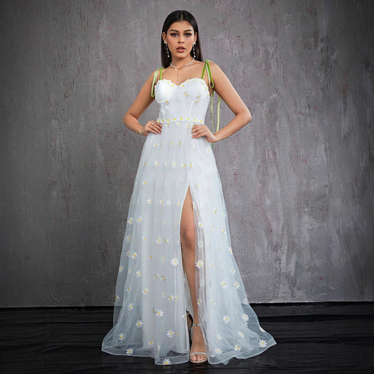 floral embroidery high slit tulle maxi dress in white