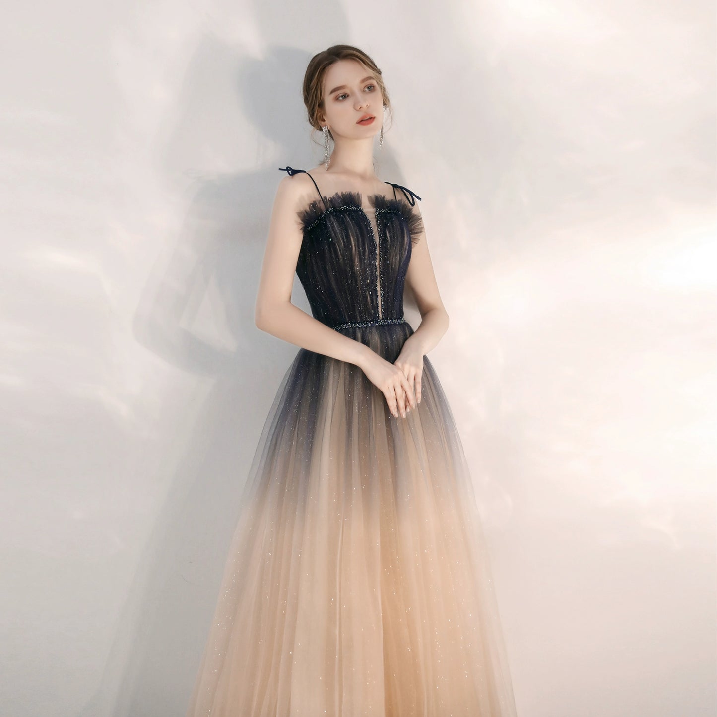 kara gradient blue sequin tulle maxi dress