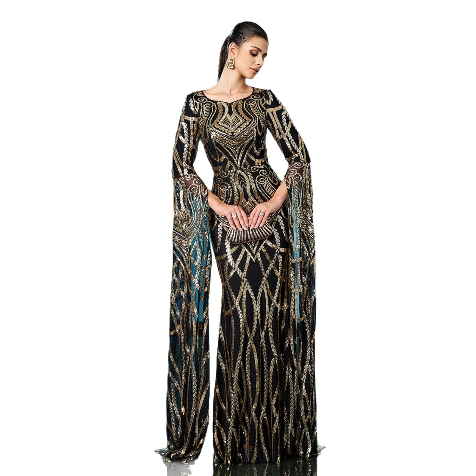 black gold Long-sleeved round-neck hip-wrapped mermaid evening dress