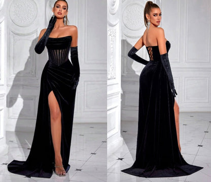 Velvet herringbone strapless evening maxi dress