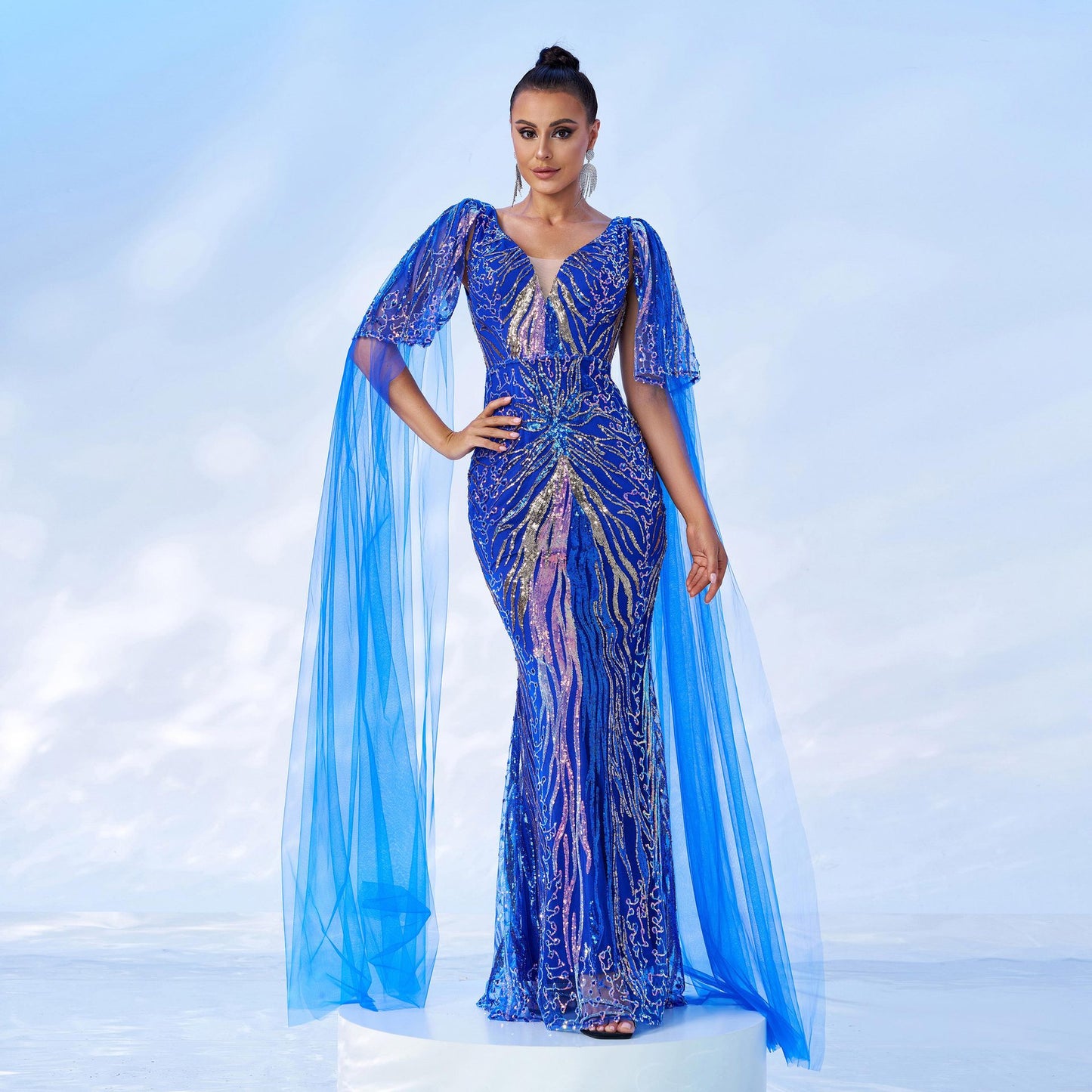 sequin detail tulle ribbon maxi dress in blue