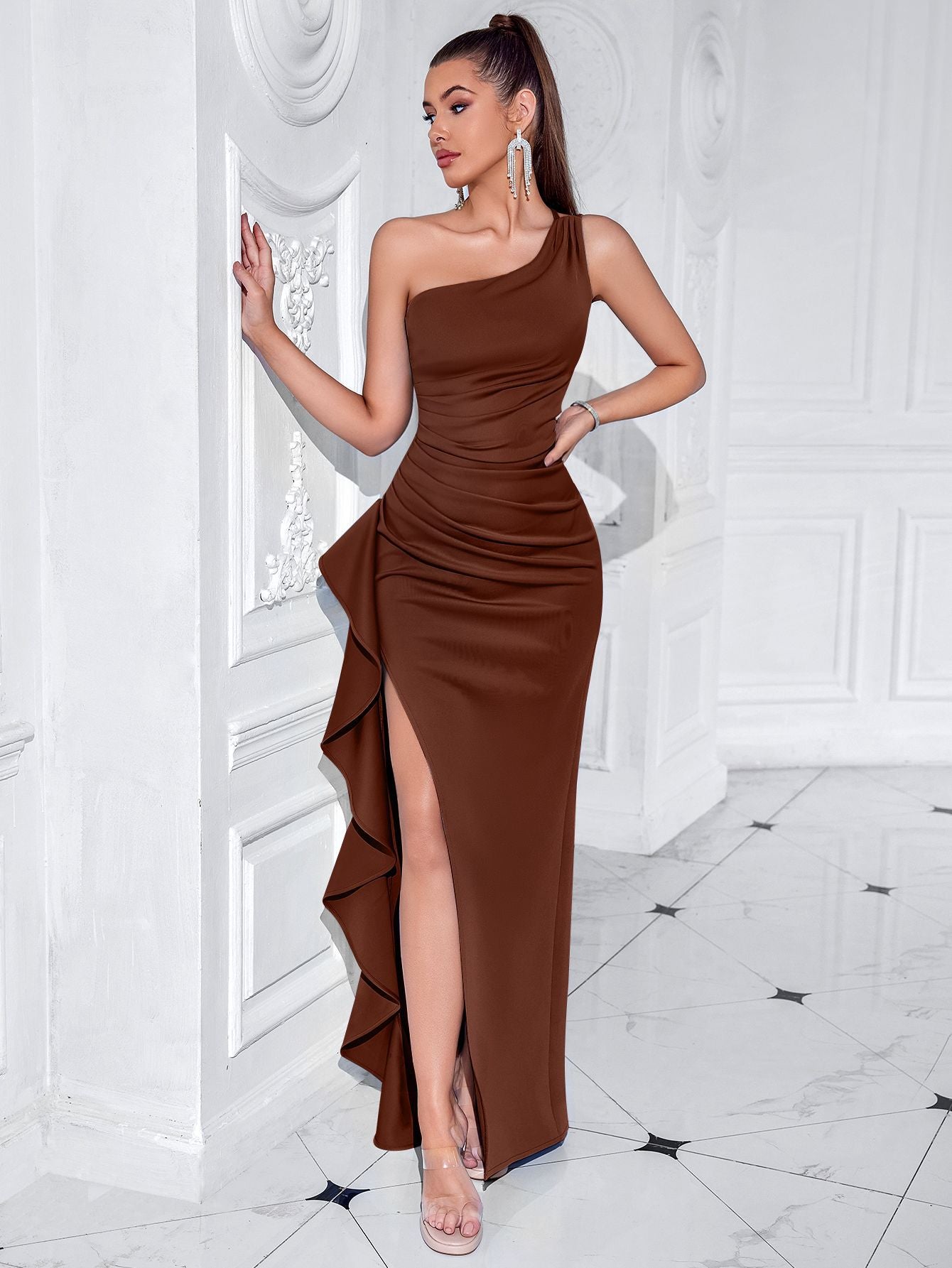 daisy one-shoulder ruffle trim slit maxi dress