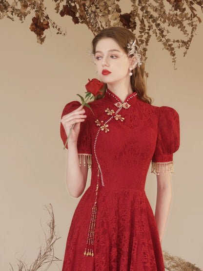 puff sleeve embroidery maxi dress in claret