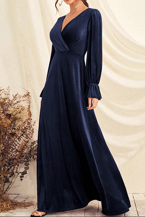 v-neck lantern sleeve satin maxi dress in dark blue