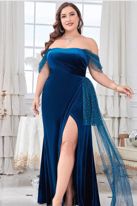 sequin embellished tulle ribbon velvet maxi dress in blue