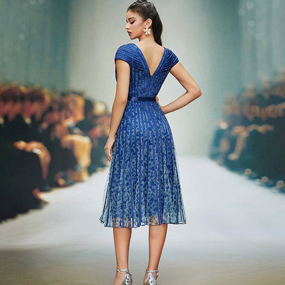 v-neck floral print tulle midi dress in blue