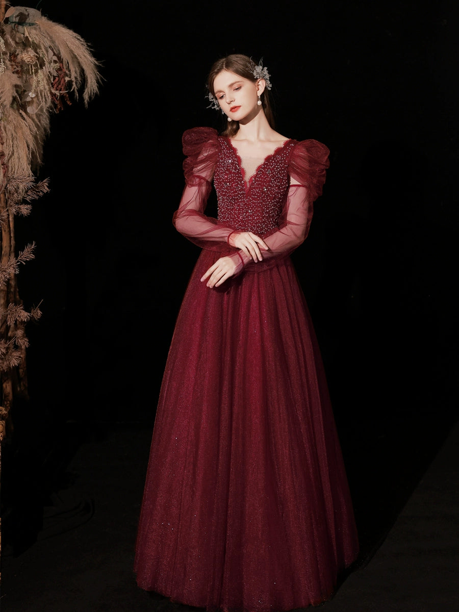 lura sequin v-neck puff short sleeve maxi dress in claret