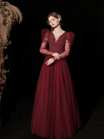 lura sequin v-neck puff short sleeve maxi dress in claret