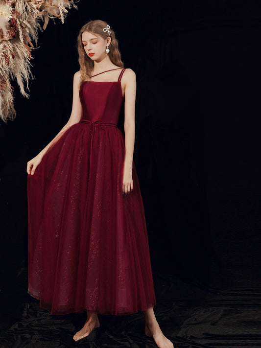 tara satin maxi dress in burgundy