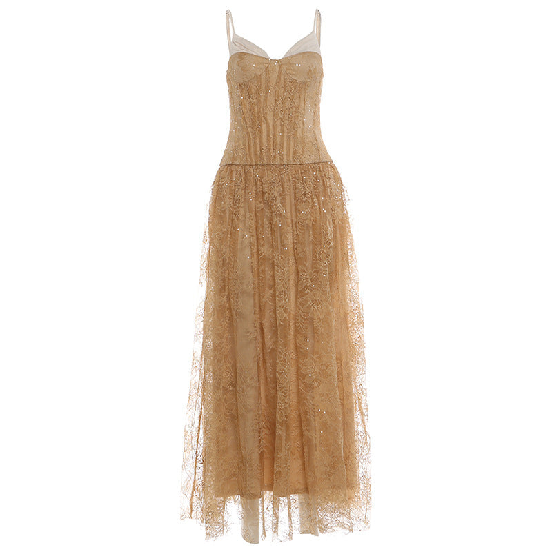 Rose Asymmetrical Waist Spaghetti Strap maxi Dress - Khaki