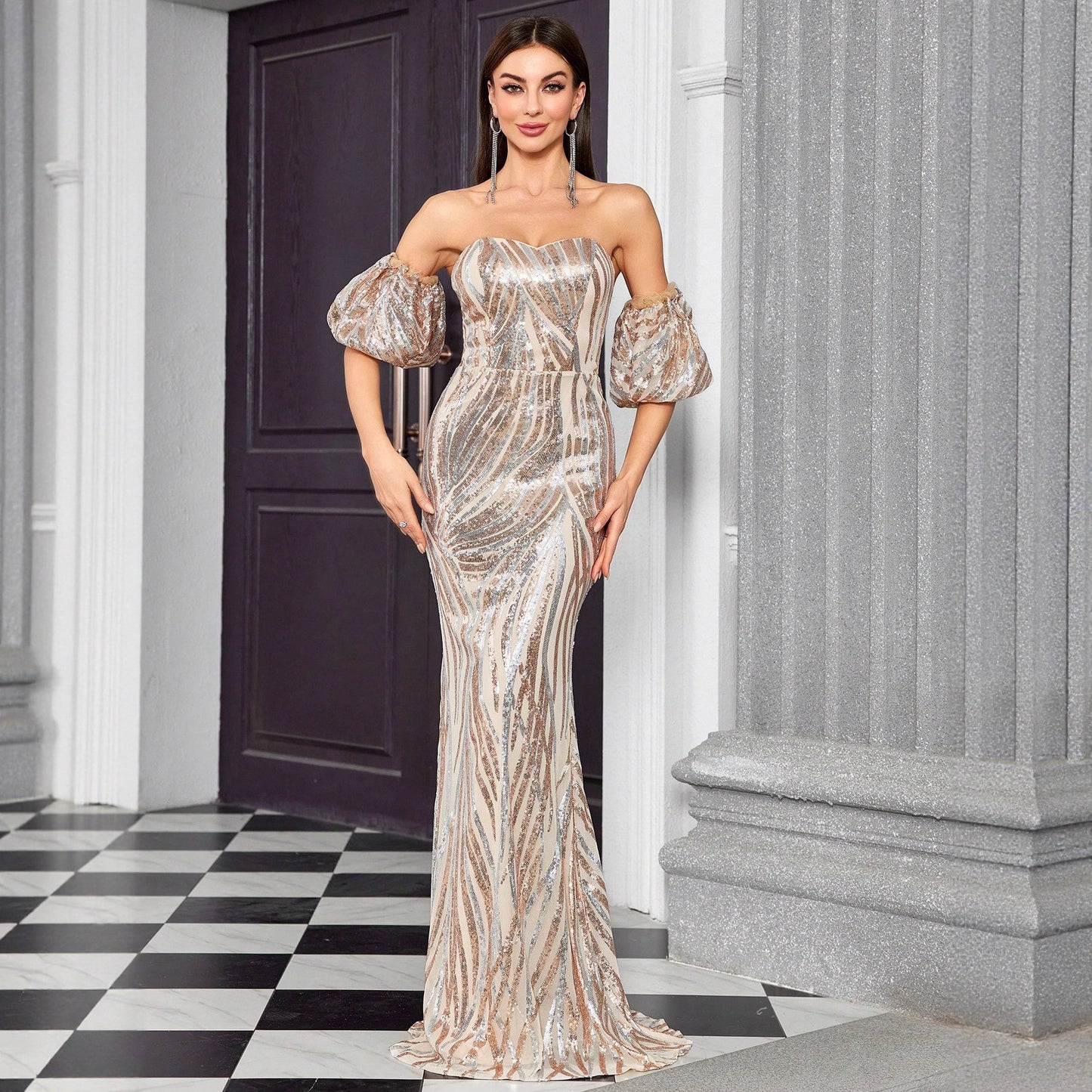 sequin stripe strapless maxi dress in champagne