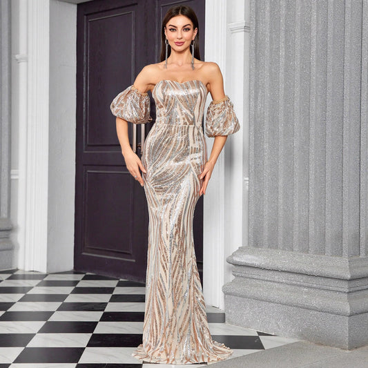 sequin stripe strapless maxi dress in champagne