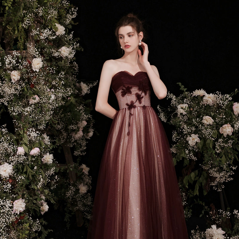 floral applique sequin detail tulle maxi dress in red