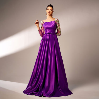 Appliqué fitted waist full skirt maxi dress in purple