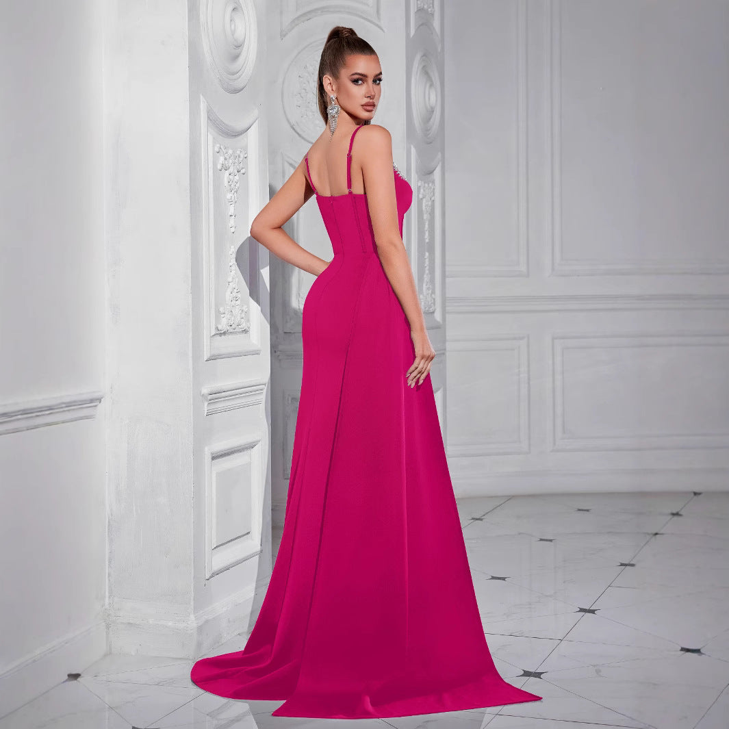 evelyn Rhinestones satin draped high slit maxi dress