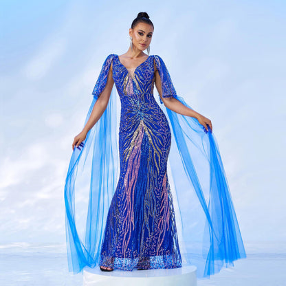 sequin detail tulle ribbon maxi dress in blue
