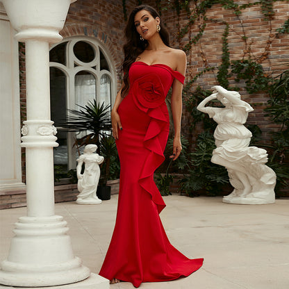 3d flower ruffle strapless bodycon maxi dress