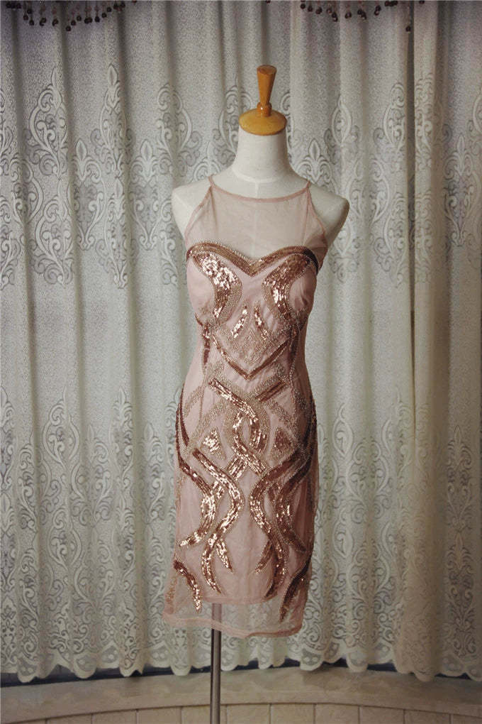 Lotus color sequined organza beaded mini dress