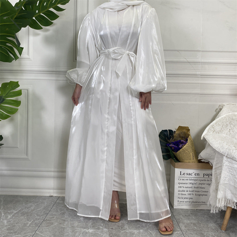 Shiny Silk Balloon Sleeves Lined Cardigan