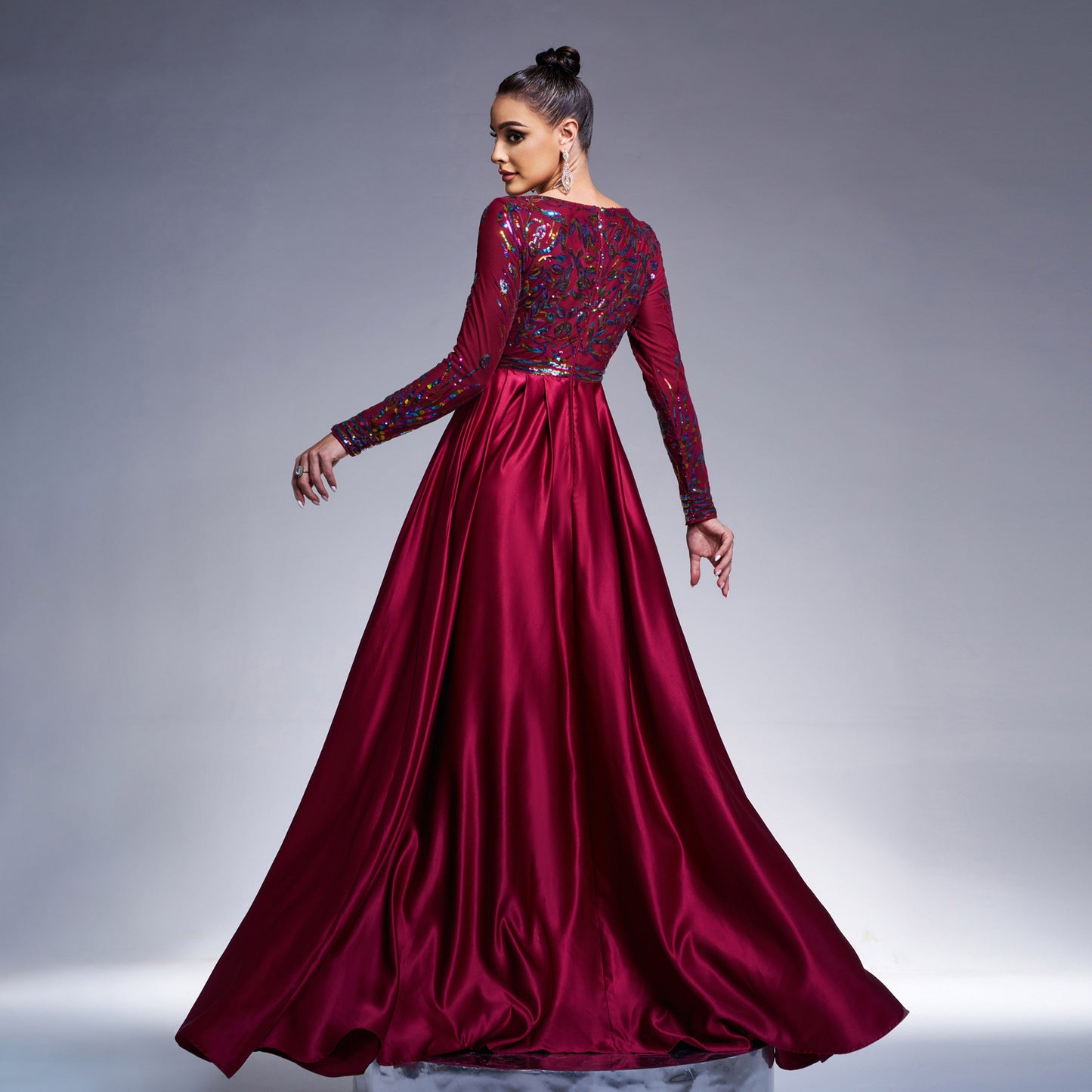 sequin print long sleeve satin maxi dress