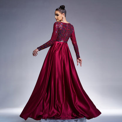 sequin print long sleeve satin maxi dress
