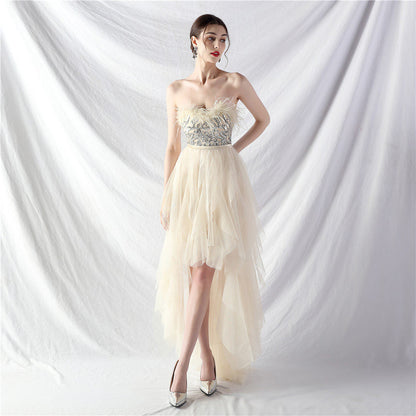 Strapless feather tulle midi dress