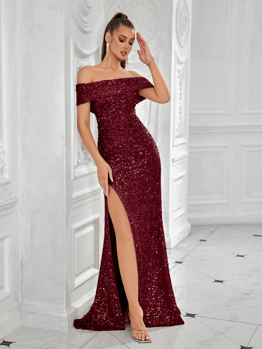 banquet one-line neck slim slimming sequin dress long skirt