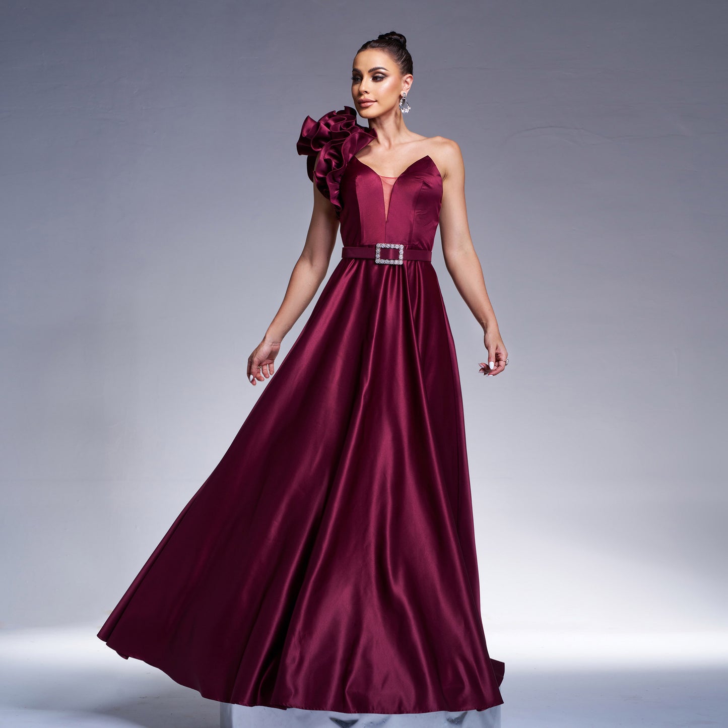 dark purple 3d flower one shoulder satin maxi dress