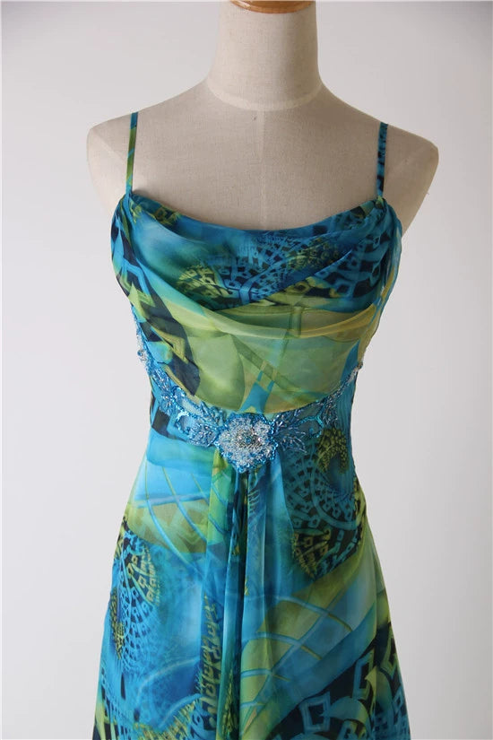 Peacock blue printed chiffon backless beaded evening dress with tie-back