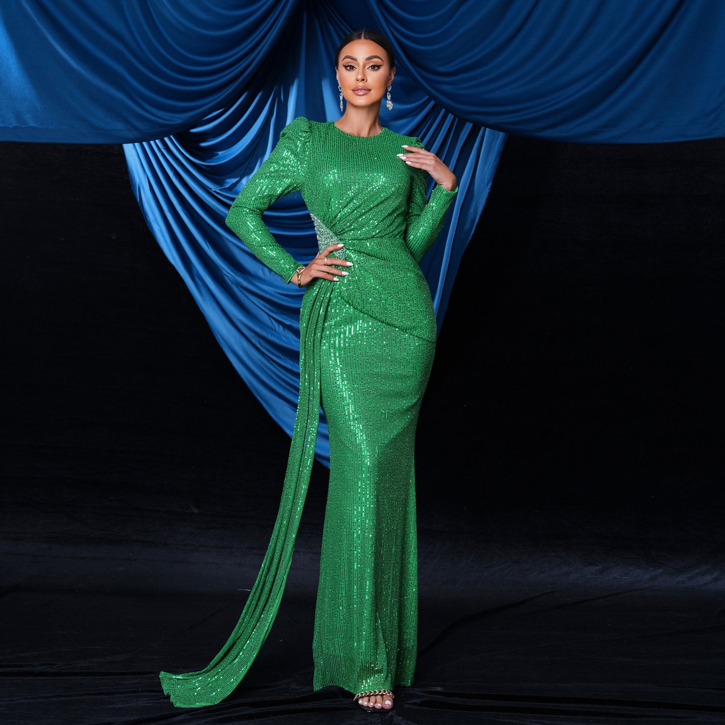 sequin embellished pleated bodycon maxi dress in green
