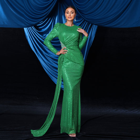 sequin embellished pleated bodycon maxi dress in green