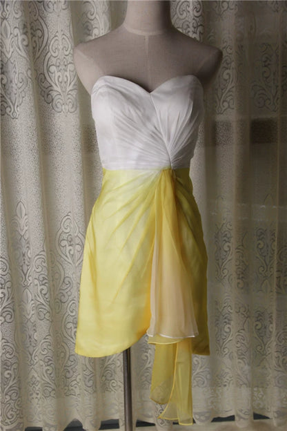 Yellow chiffon strapless mini dress