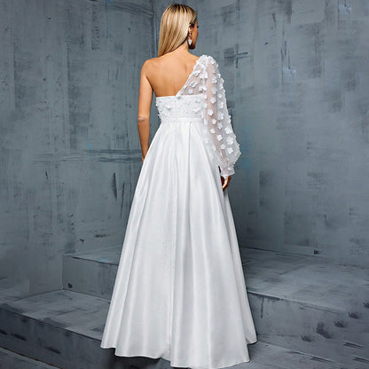 one shoulder flower applique maxi dress in white