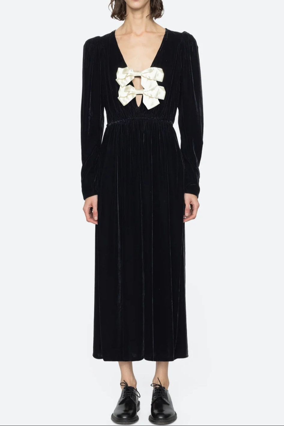 wallis black v-neck bow cutout velvet midi dress