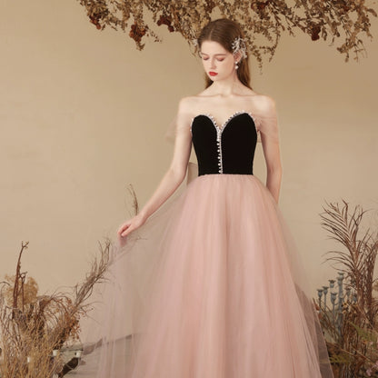 sabrina black velvet patchwork tulle strapless maxi dress